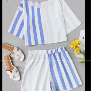 Drop Shoulder Stripped Top With Shorts Both medium